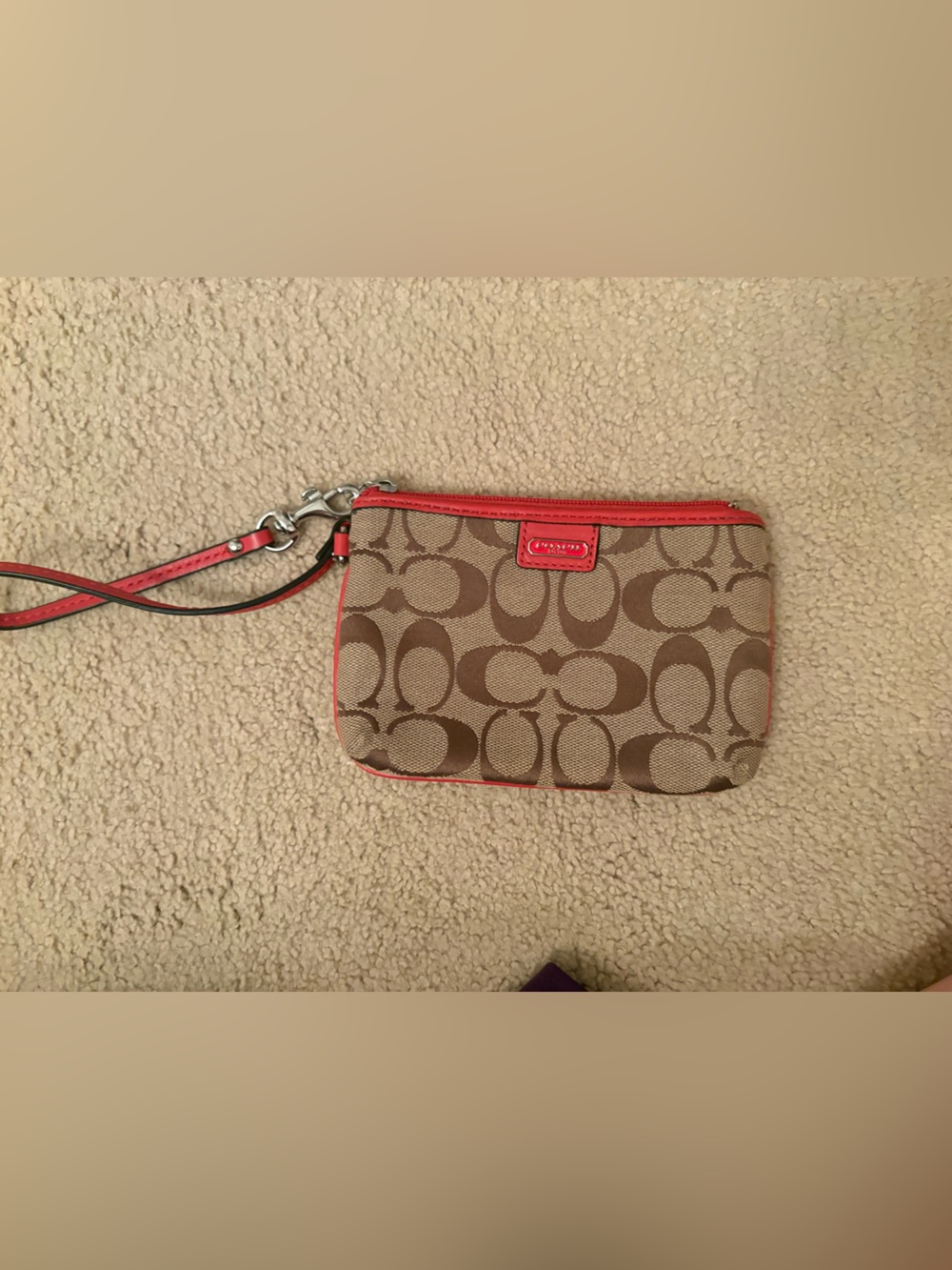 Coach Tan Signature Canvas Wristlet with Red Trim